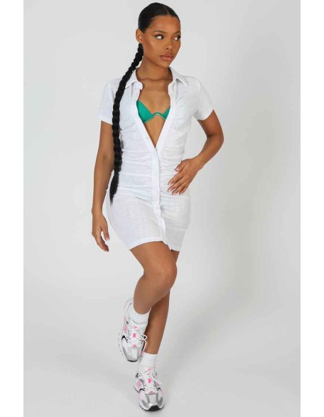 Button Front Ruched Dress White