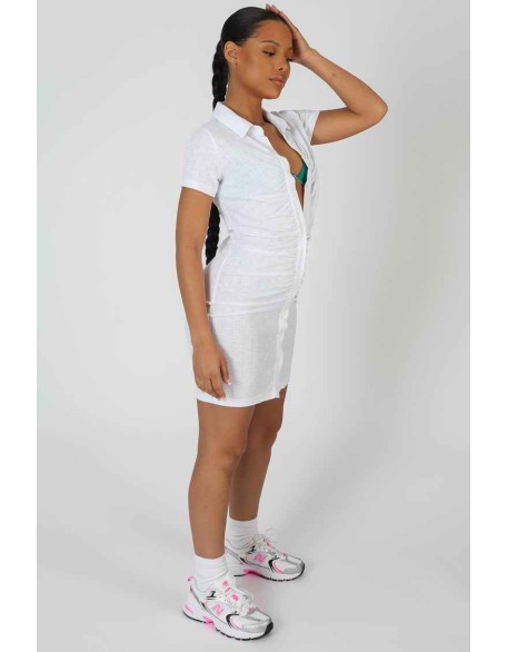 Button Front Ruched Dress White
