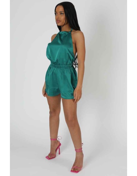 Halterneck Satin Playsuit Emerald