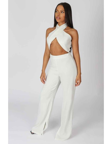 Cross Front Halter Wide Leg Jumpsuit White