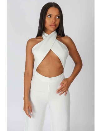 Cross Front Halter Wide Leg Jumpsuit White