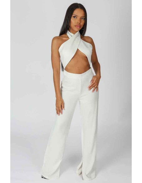 Cross Front Halter Wide Leg Jumpsuit White