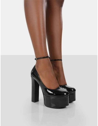 Donatella Black Patent Ankle Strap Closed Toe Platform Block Heels