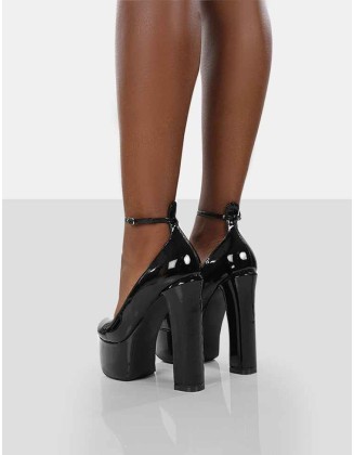 Donatella Black Patent Ankle Strap Closed Toe Platform Block Heels