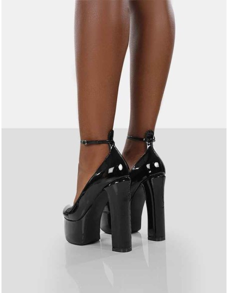 Donatella Black Patent Ankle Strap Closed Toe Platform Block Heels