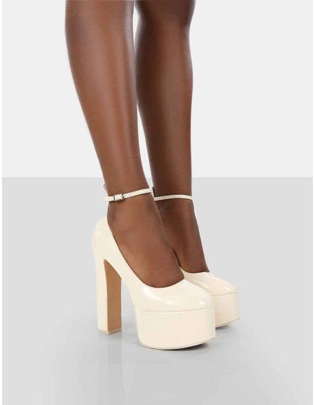Donatella White Ankle Strap Closed Toe Platform Block Heels