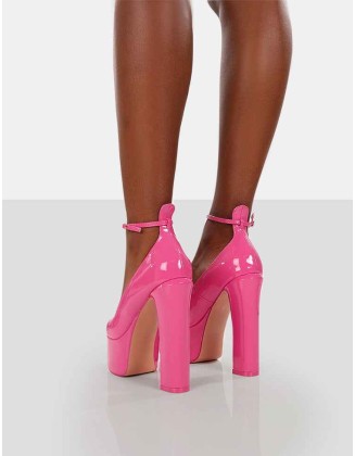 Donatella Pink Patent Ankle Strap Closed Toe Platform Block Heels