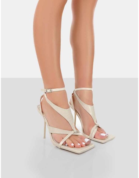 Harness Ecru Croc Strappy Square Toe Stiletto Heels