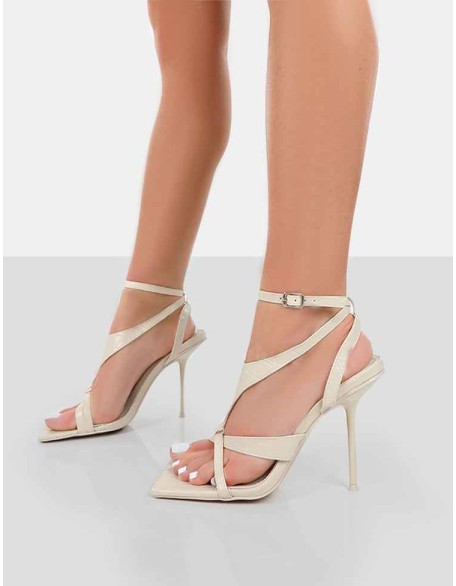 Harness Ecru Croc Strappy Square Toe Stiletto Heels