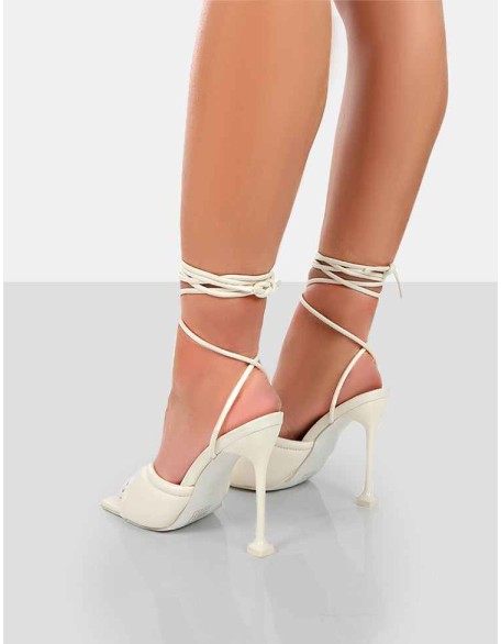 Gracie Ecru Pu Square Peep Toe Lace Up Stiletto Heels