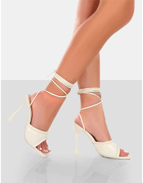 Gracie Ecru Pu Square Peep Toe Lace Up Stiletto Heels