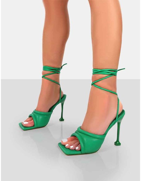 Gracie Green Pu Square Peep Toe Lace Up Stiletto Heels