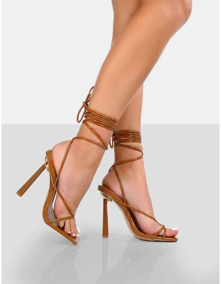 Lacey Caramel Square Toe Strappy Lace Up Stiletto Heels