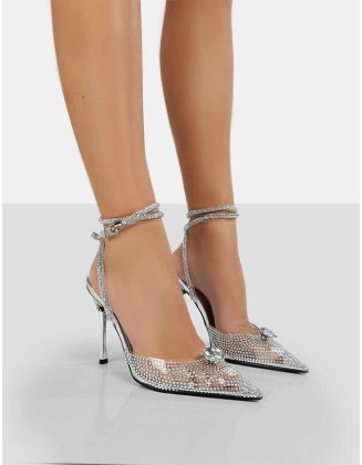 Glisten Silver Metallic Clear Perspex Diamante Wrap Around Pointed Toe Court Heels