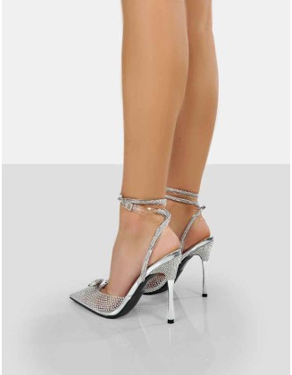 Glisten Silver Metallic Clear Perspex Diamante Wrap Around Pointed Toe Court Heels
