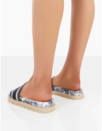 Toile Navy Embroidered Print Slide Sandals
