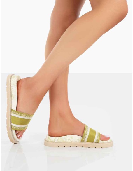 Toile Sage Green Embroidered Print Slide Sandals