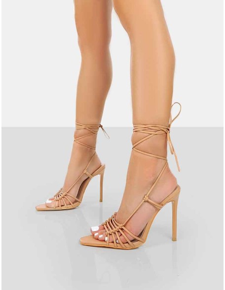Valencia Nude Pu Strappy Lace Up Pointed Toe Stiletto Heels