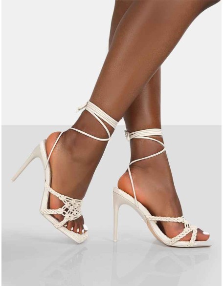 Seabreeze Ecru Rope Woven Lace Up Square Toe Heels