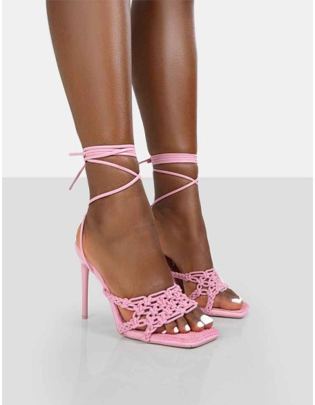 Seabreeze Pink Rope Woven Lace Up Square Toe Heels
