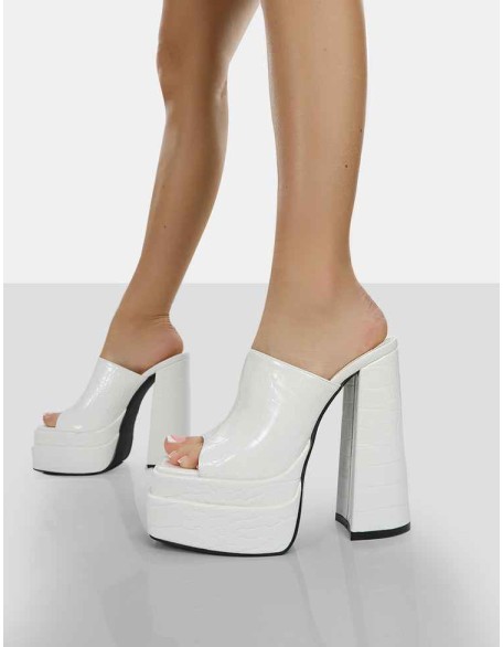 Sky High White Croc Chunky Platform High Heeled Mules