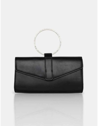 The Pammy Black Pu Diamante Handle Envelope Clutch