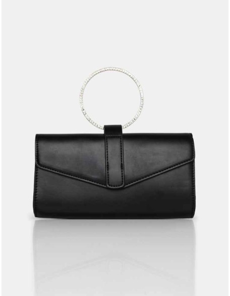 The Pammy Black Pu Diamante Handle Envelope Clutch