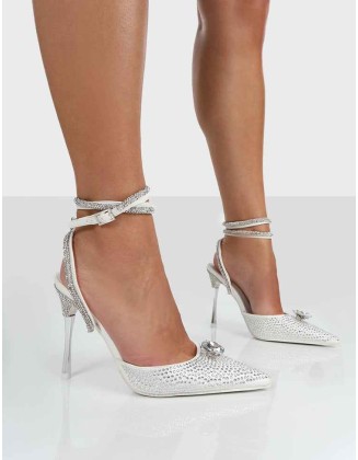 Glisten White Sparkly Diamante Wrap Around Pointed Toe Court Heels