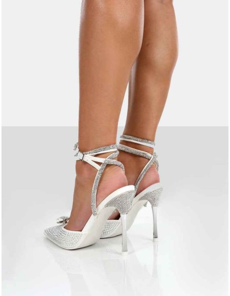 Glisten White Sparkly Diamante Wrap Around Pointed Toe Court Heels
