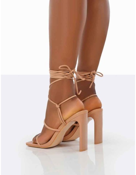 Chloe Nude Pu Strappy Square Toe Lace Up Heels