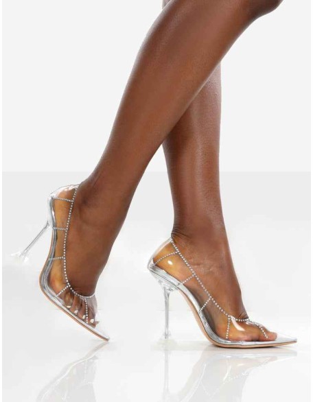 Fading Away Silver Metallic Pu Pointed Toe Cake Stand Court Heels