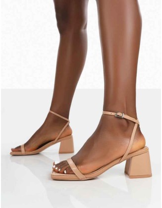 Lane Nude Raffia Strappy Mid Block Heeled Sandals