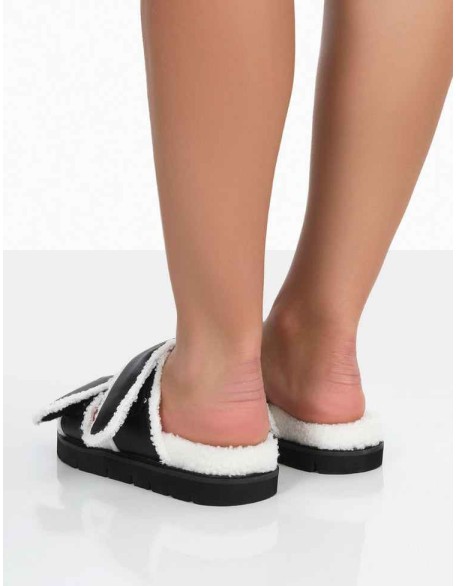 Rinc Black Pu Faux Fur Slide Sandals