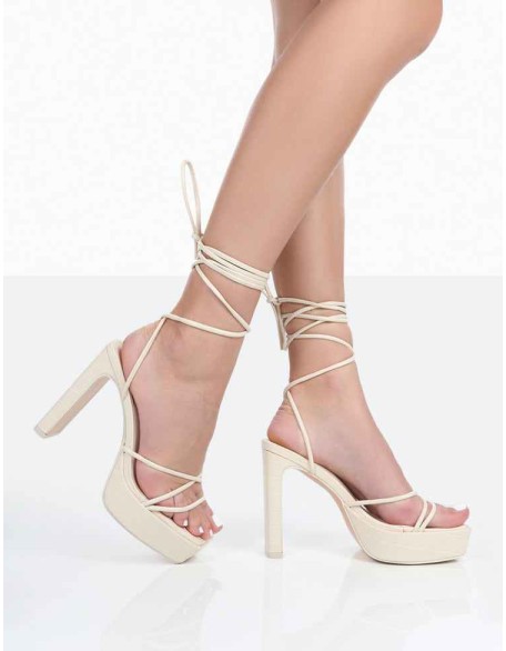 Bring It Ecru Patent Croc Square Toe Lace Up Strappy Platform Thin Block Heels