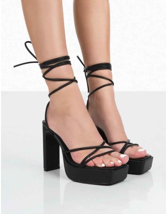 Bring It Black Pu Square Toe Lace Up Strappy Platform Thin Block Heels