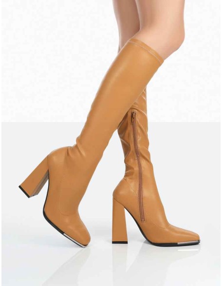 Caryn Camel Grain Pu Knee High Heeled Boots