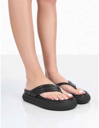 Serena Black Pu Thong Strap Wedge Slider Sandals