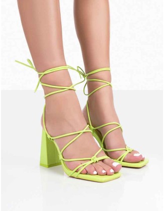 Coco Lime Grain Square Toe Strappy Lace Up Block Heels