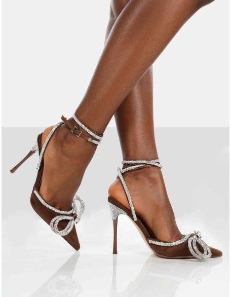 Midnight Chocolate Satin Wrap Around Bow Pointed Toe Court Heels