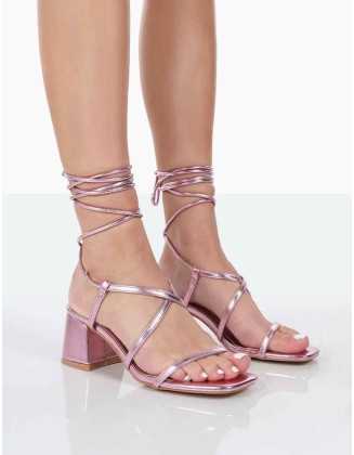 Mabel Pink Metallic Ankle Tie Block Heeled Sandals