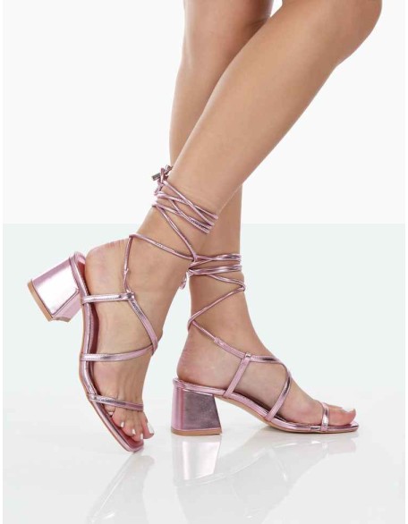 Mabel Pink Metallic Ankle Tie Block Heeled Sandals