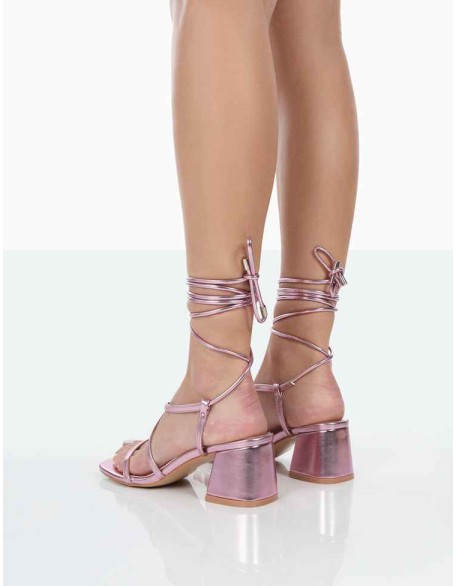 Mabel Pink Metallic Ankle Tie Block Heeled Sandals