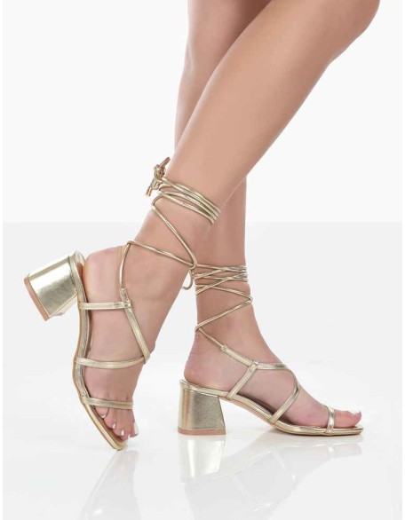Mabel Gold Metallic Ankle Tie Block Heeled Sandals