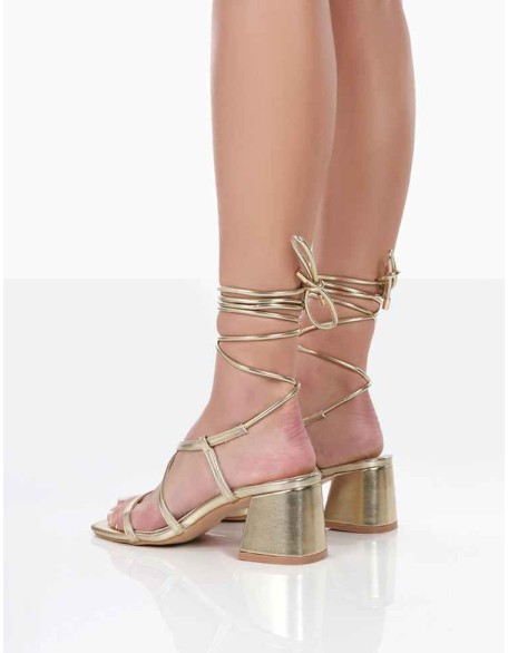 Mabel Gold Metallic Ankle Tie Block Heeled Sandals