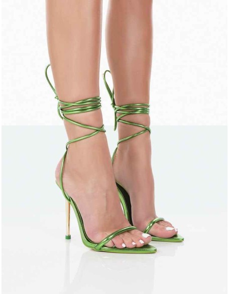 Look Back Green Metallic Pu Pointed Toe Lace Up Stiletto Heels