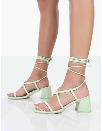 Mabel Wide Fit Mint PU Ankle Tie Mid Block Heeled Sandals