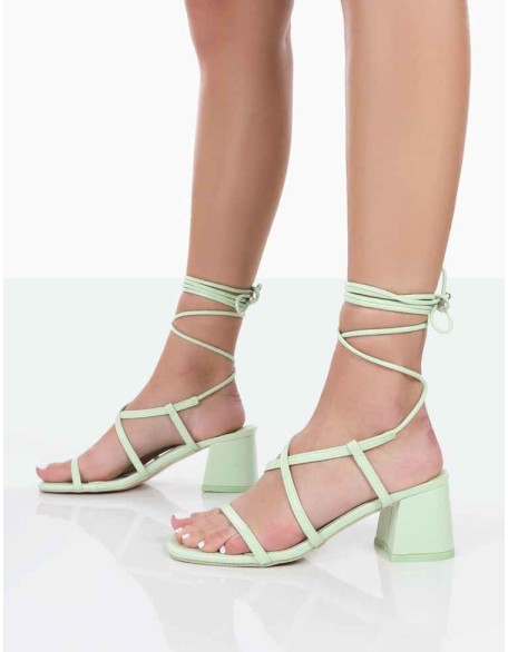 Mabel Wide Fit Mint PU Ankle Tie Mid Block Heeled Sandals