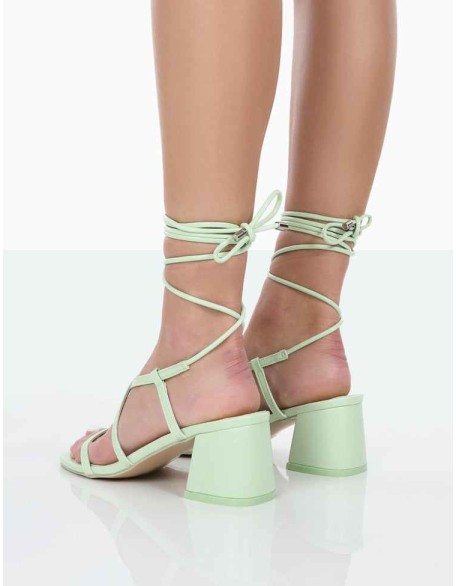 Mabel Wide Fit Mint PU Ankle Tie Mid Block Heeled Sandals