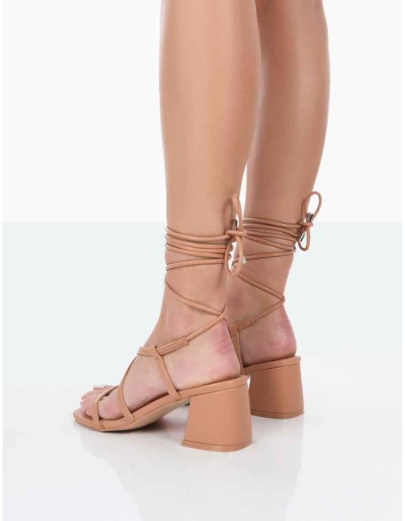 Mabel Wide Fit Nude PU Ankle Tie Mid Block Heeled Sandals