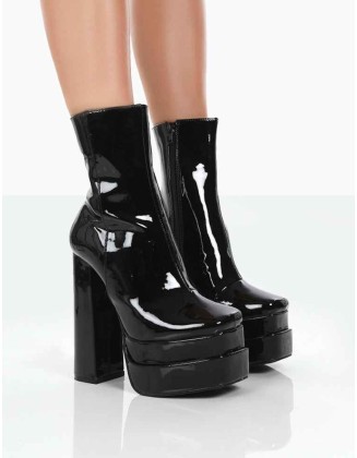 Supine Wide Fit Black Patent Chunky Platform High Heeled Ankle Boots
